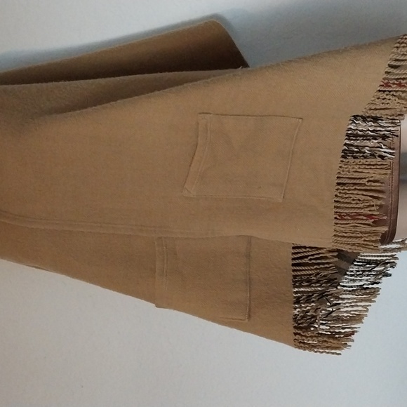 Shawl Cape Blanket Cashmere Wool Tan Blk Plaid Reversible Pockets Sorvano Italy - Picture 8 of 15